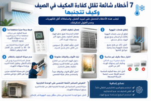 # 7 أخطاء شائعة تقلل كفاءة المكيف في الصيف وكيف تتجنبها مع ارتفاع درجات الحرارة في الكويت، يعتمد الجميع على أجهزة التكييف لتوفير بيئة مريحة داخل المنازل والمكاتب والمحلات التجارية. ومع ذلك، يرتكب الكثير من المستخدمين بعض الأخطاء اليومية التي تؤدي إلى انخفاض كفاءة المكيف وزيادة استهلاك الكهرباء، بل وقد تتسبب في أعطال مكلفة مع مرور الوقت. لذلك فإن معرفة هذه الأخطاء وتجنبها يساعد على الحفاظ على أداء الجهاز وتقليل تكاليف الصيانة. إن الاهتمام بالمكيف لا يقتصر على تشغيله فقط، بل يشمل أيضًا تنظيفه بشكل دوري، وضبط إعداداته بالشكل الصحيح، وإجراء الصيانة الوقائية قبل بداية فصل الصيف. بالإضافة إلى ذلك، فإن الاستعانة بفني متخصص عند ظهور أي مشكلة يضمن إصلاحها بطريقة صحيحة ويمنع تكرارها مستقبلاً. يمكنك التعرف على جميع خدمات الصيانة والإصلاح من خلال موقع **[https://alsirajly-hvac.com/**،](https://alsirajly-hvac.com/**،) كما يمكنك الاطلاع على أحدث حلول التكييف الموفرة للطاقة عبر الموقع الرسمي لشركة **[https://www.daikin.com/](https://www.daikin.com/)**. ## أولاً: إهمال تنظيف فلاتر المكيف يعد تراكم الغبار داخل الفلاتر من أكثر الأسباب التي تؤدي إلى ضعف تدفق الهواء وانخفاض كفاءة التبريد. وعندما تصبح الفلاتر متسخة، يضطر المكيف إلى العمل لفترة أطول للوصول إلى درجة الحرارة المطلوبة، مما يؤدي إلى زيادة استهلاك الكهرباء. لذلك ينصح بتنظيف الفلاتر مرة كل أسبوعين خلال فصل الصيف، خاصة إذا كان المكيف يعمل لساعات طويلة يوميًا. ## ثانيًا: تشغيل المكيف على أقل درجة حرارة يعتقد بعض الأشخاص أن ضبط المكيف على 16 درجة مئوية يؤدي إلى تبريد أسرع، لكن الحقيقة أن المكيف يعمل بنفس القدرة تقريبًا، بينما يظل في وضع التشغيل لفترة أطول. لذلك يوصي الخبراء بضبط درجة الحرارة بين 23 و25 درجة مئوية لتحقيق أفضل توازن بين الراحة وتوفير الطاقة. ## ثالثًا: تجاهل تنظيف الوحدة الخارجية تتعرض الوحدة الخارجية للأتربة والرمال باستمرار، خاصة في الأجواء الصحراوية. ومع مرور الوقت، تقل كفاءة تبادل الحرارة، مما يؤثر على أداء الجهاز بالكامل. ولهذا السبب يجب تنظيف الوحدة الخارجية بشكل دوري والتأكد من عدم وجود أي عوائق حولها تسمح بمرور الهواء بحرية. ## رابعًا: تأجيل الصيانة الدورية ينتظر البعض حتى يتوقف المكيف عن العمل قبل طلب الصيانة، بينما تكون المشكلة قد بدأت منذ فترة طويلة. ومن ناحية أخرى، تساعد الصيانة الوقائية على اكتشاف الأعطال الصغيرة قبل أن تتحول إلى أعطال كبيرة تحتاج إلى استبدال قطع غيار أو إصلاحات مكلفة. ## خامسًا: إغلاق فتحات التهوية بالأثاث قد تؤدي الستائر أو قطع الأثاث الكبيرة إلى إعاقة خروج الهواء البارد من المكيف، وبالتالي يصبح توزيع الهواء داخل الغرفة غير متوازن. لذلك يجب التأكد من أن جميع فتحات التهوية خالية من أي عوائق حتى يعمل الجهاز بكفاءة. ## سادسًا: عدم فحص غاز الفريون إذا أصبح التبريد ضعيفًا، فقد يكون السبب انخفاض مستوى غاز الفريون نتيجة وجود تسريب. ومع ذلك، لا ينصح بإضافة الفريون مباشرة دون فحص دورة التبريد بالكامل، لأن المشكلة ستتكرر إذا لم يتم إصلاح سبب التسريب أولًا. ## سابعًا: الاعتماد على فني غير متخصص قد يؤدي الإصلاح غير الصحيح إلى تكرار الأعطال أو تلف أجزاء أخرى من الجهاز. لذلك فإن اختيار فني يمتلك الخبرة والأدوات المناسبة يعتبر خطوة أساسية للحفاظ على المكيف. كما أن الفني المحترف يستطيع تشخيص المشكلة بدقة واستخدام قطع غيار مناسبة، مما يضمن أفضل أداء للجهاز بعد الصيانة. ## فوائد الالتزام بالصيانة الدورية الصيانة المنتظمة تحافظ على كفاءة التبريد، وتقلل من استهلاك الكهرباء، وتساعد على إطالة العمر الافتراضي للمكيف. بالإضافة إلى ذلك، تمنحك راحة أكبر خلال فصل الصيف وتقلل من احتمالية الأعطال المفاجئة. ولهذا السبب ينصح بإجراء صيانة شاملة مرة أو مرتين في السنة، مع تنظيف الفلاتر بصورة دورية حسب معدل الاستخدام. ## نصائح عملية للمحافظة على المكيف * نظف الفلاتر بانتظام. * أغلق الأبواب والنوافذ أثناء التشغيل. * اضبط درجة الحرارة بين 23 و25 درجة مئوية. * نظف الوحدة الخارجية بصورة دورية. * لا تؤجل إصلاح أي عطل بسيط. * استعِن بفني متخصص عند الحاجة. * أجرِ صيانة وقائية قبل بداية فصل الصيف. ## الخاتمة إن الحفاظ على كفاءة المكيف لا يحتاج إلى إجراءات معقدة، بل يعتمد على اتباع عادات صحيحة والاهتمام بالصيانة الدورية. لذلك فإن تجنب الأخطاء السابقة يساعد على تقليل استهلاك الكهرباء، وتحسين أداء التبريد، وإطالة عمر الجهاز، مما يوفر عليك الكثير من تكاليف الإصلاح مستقبلاً ويمنحك راحة مستمرة طوال أشهر الصيف.
