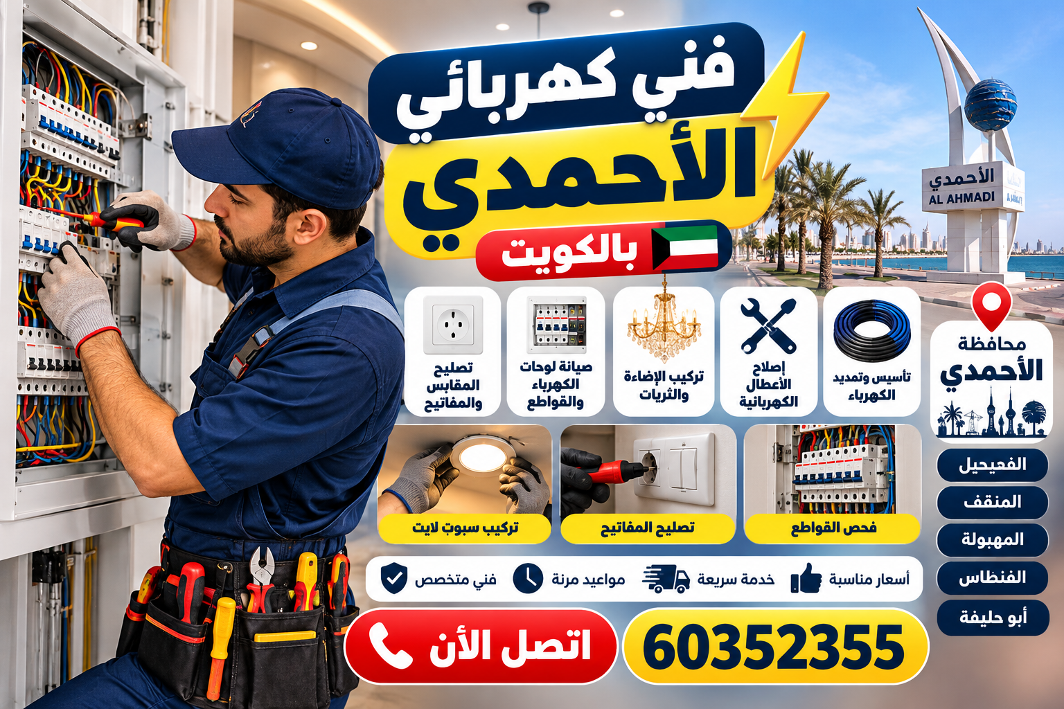 دليل خدمات فني كهرباء في الأحمدي: إصلاح أعطال المنزل وصيانته بأمان